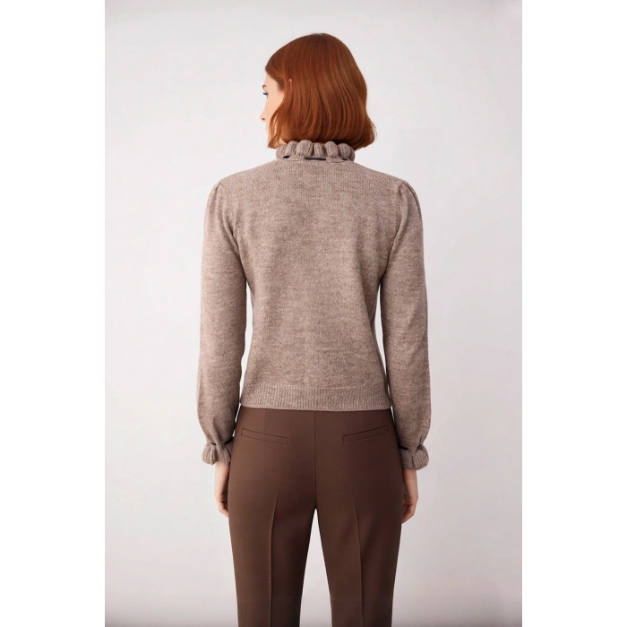 Kadın Uzun Kollu Regular Kesim Dik Yaka Ajur Desenli Bağcıklı Triko Kazak Kışlık Basic Stil