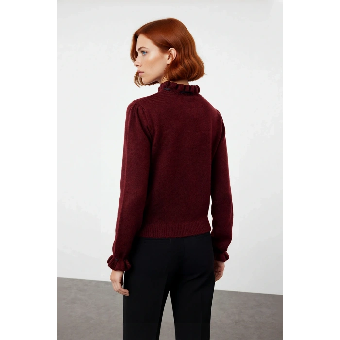 Kadın Uzun Kollu Regular Kesim Dik Yaka Ajur Desenli Bağcıklı Triko Kazak Kışlık Basic Stil