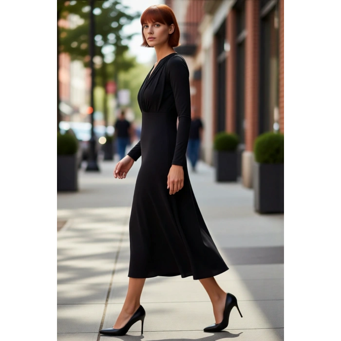 Kadın Uzun Kollu Siyah Elbise Derin V Yaka Kesimi Ve Agrafe Detayı İle Etkileyici Şıklık Kaliteli