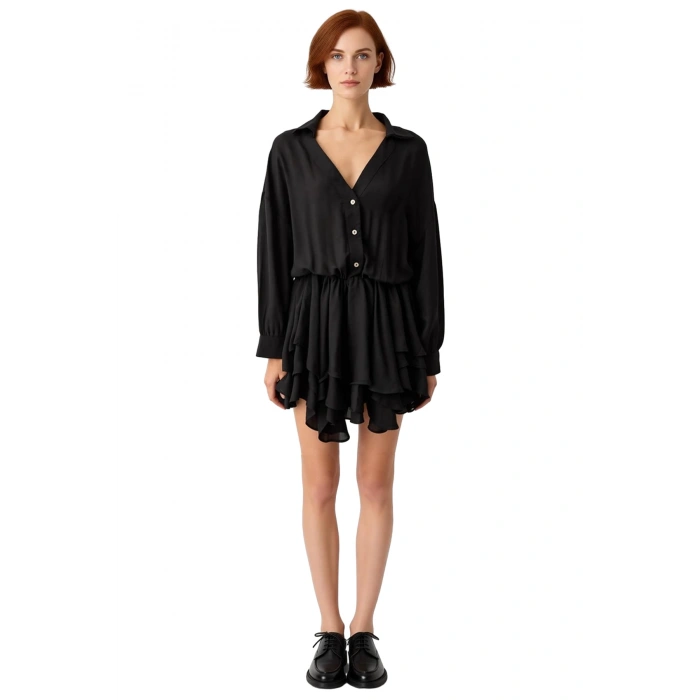 Kadın Uzun Kollu Siyah Şifon Mini Elbise Gömlek Yaka Düşük Kol Kesimiyle Günlük Şıklık Sunan Kışlık