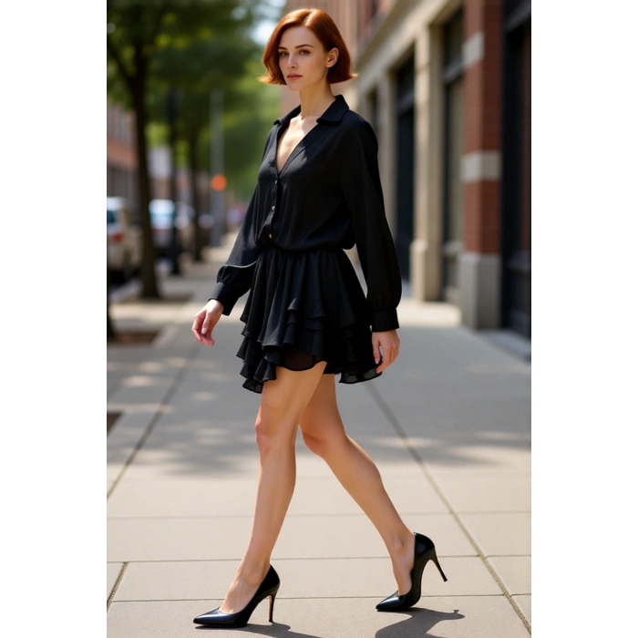 Kadın Uzun Kollu Siyah Şifon Mini Elbise Gömlek Yaka Düşük Kol Kesimiyle Günlük Şıklık Sunan Kışlık