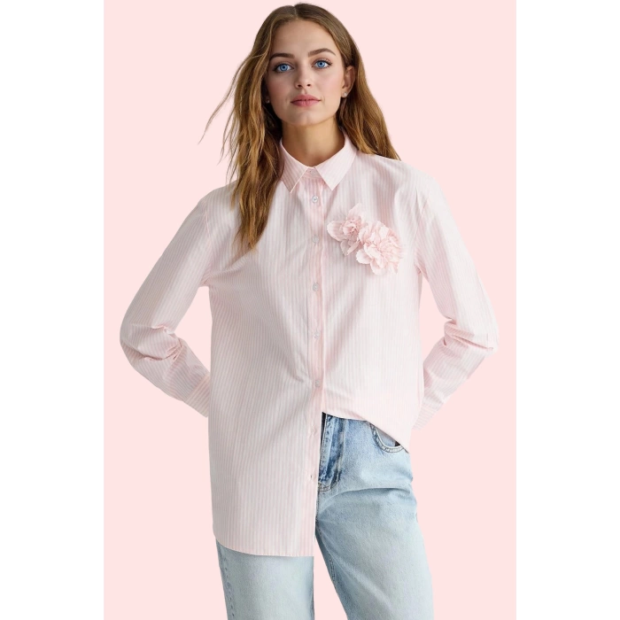 Kadın Uzun Kollu Terrycotton Dokuma Gömlek Çizgili Desen Ramadan Koleksiyonu Günlük Kullanım