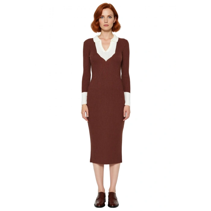 Kadın Uzun Kollu Triko Midi Elbise Polo Yaka Renk Bloklu Bodycon Kesim Günlük Ve Ofis Şıklığı