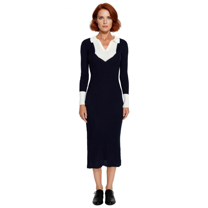 Kadın Uzun Kollu Triko Midi Elbise Polo Yaka Renk Bloklu Bodycon Kesim Günlük Ve Ofis Şıklığı