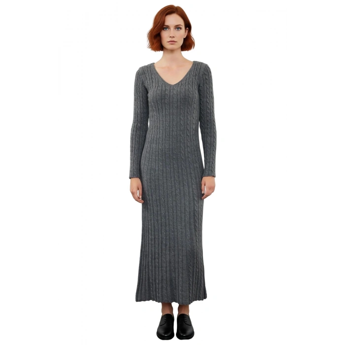 Kadın Uzun Kollu Triko Saç Örgü Desenli V Yaka Maxi Elbise A Line Kesim Kış Günlük Kombinlerde
