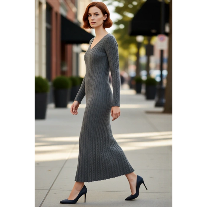 Kadın Uzun Kollu Triko Saç Örgü Desenli V Yaka Maxi Elbise A Line Kesim Kış Günlük Kombinlerde