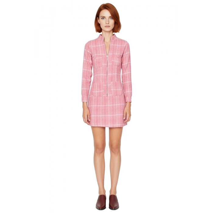 Kadın Uzun Kollu Tüvit Dokuma Ekose Desenli Fermuarlı Dik Yaka Bodycon Mini Elbise Kışlık Şıklık