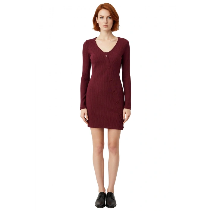 Kadın Uzun Kollu V Yaka Bodycon Kesim Asimetrik Düğmeli Örme Mini Elbise Şık Ve Konforlu Kaliteli