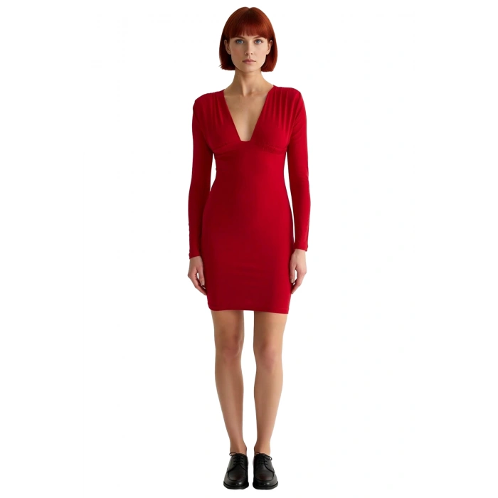 Kadın Uzun Kollu V Yaka Vücudu Saran Mini Elbise Şık Gece Davetleri İçin İdeal Bodycon Kesim