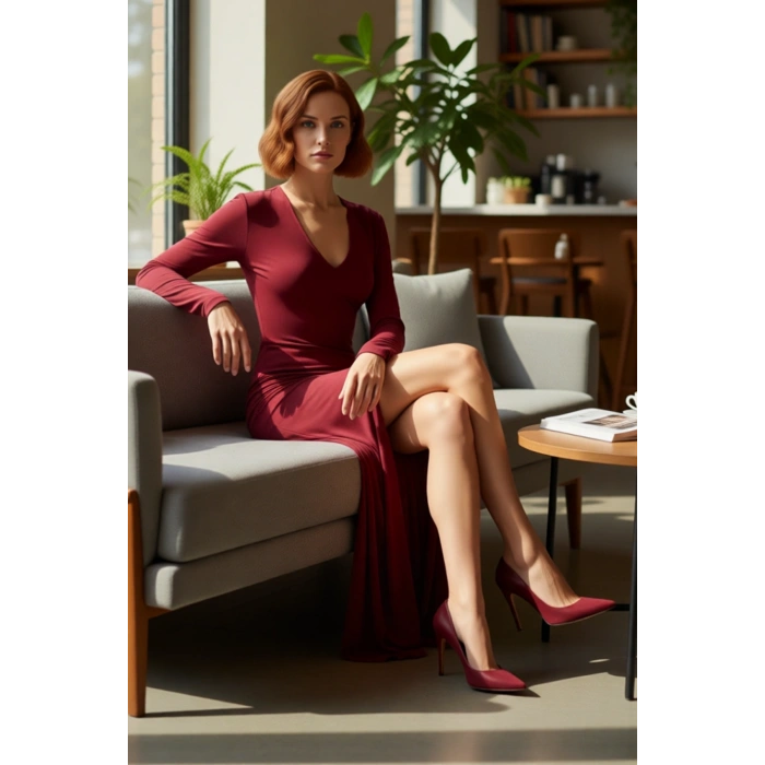 Kadın V Yaka Bodycon Kesim Uzun Kollu Maxi Boy Yırtmaç Detaylı Düz Örme Elbise Zarif Stil Kaliteli