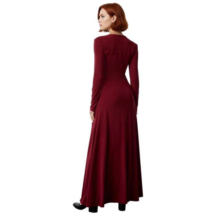 Kadın V Yaka Bodycon Kesim Uzun Kollu Maxi Boy Yırtmaç Detaylı Düz Örme Elbise Zarif Stil Kaliteli