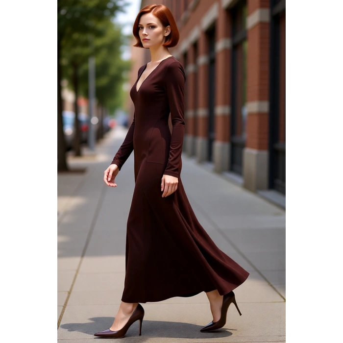 Kadın V Yaka Bodycon Kesim Uzun Kollu Maxi Boy Yırtmaç Detaylı Düz Örme Elbise Zarif Stil Kaliteli