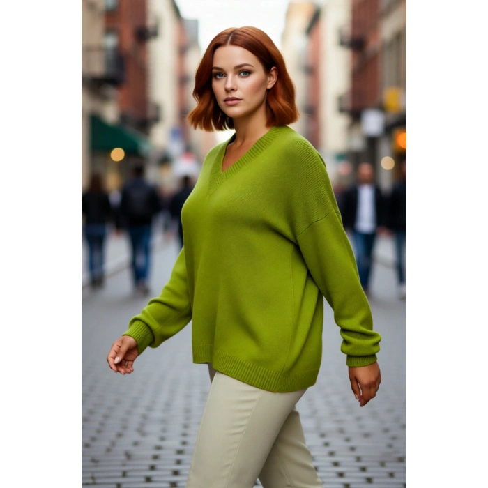 Kadın V Yaka Büzgülü Kol Detaylı Triko Kazak Regular Kalıp Orta Kalınlık Basic Siluet Günlük Şıklık