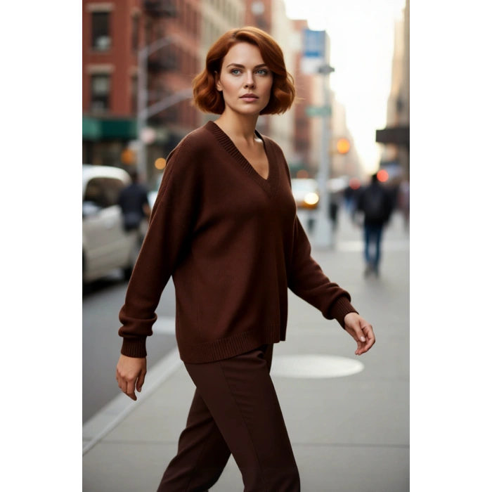 Kadın V Yaka Büzgülü Kol Detaylı Triko Kazak Regular Kalıp Orta Kalınlık Basic Siluet Günlük Şıklık