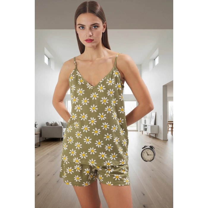 Kadın V Yaka Çiçekli Pamuklu Pijama Takımı Rahat Ev Giyim Seti Yazlık Modern Stil Trend Tasarım