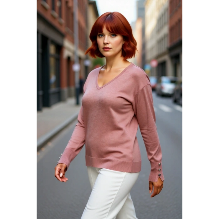 Kadın V Yaka Düğme Detaylı Triko Kazak Günlük Şıklık Ve Konfor Sunan Uzun Kollu Tasarım Kaliteli