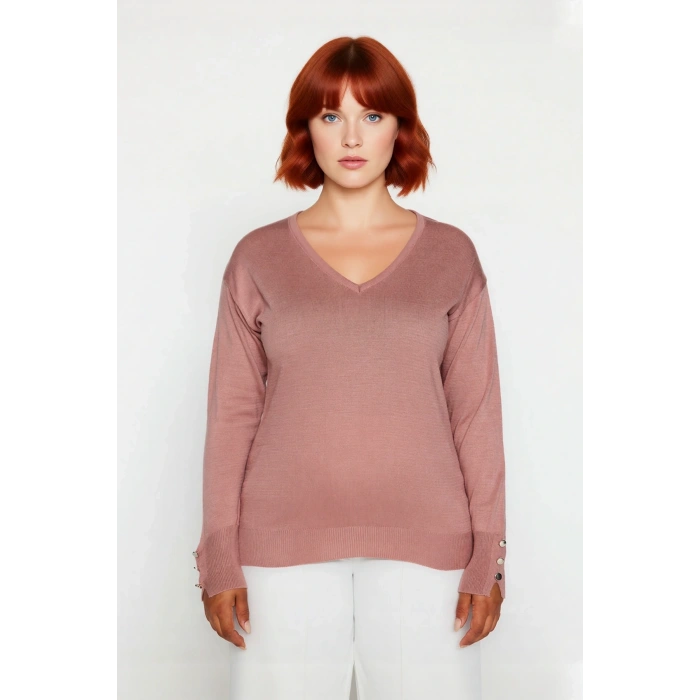 Kadın V Yaka Düğme Detaylı Triko Kazak Günlük Şıklık Ve Konfor Sunan Uzun Kollu Tasarım Kaliteli