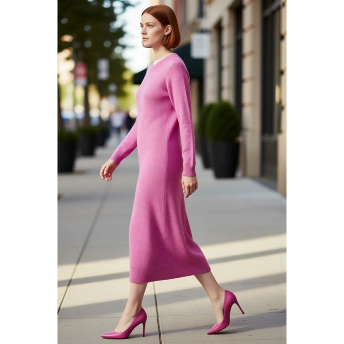 Kadın V Yaka Düşük Kol Shift Kesim Kuşaklı Maxi Boy Düz Triko Elbise Kış Kombinlerinin Vazgeçilmezi