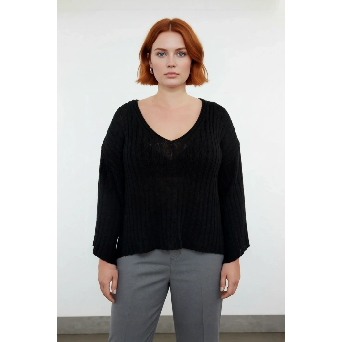 Kadın V Yaka Düz Fitilli Triko Kazak Rahat Regular Kalıp Düşük Uzun Kol İlkbahar Sonbahar Şıklığı