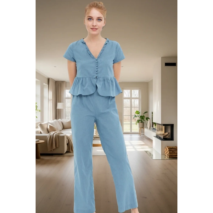 Kadın V Yaka Fırfırlı Viskoz Pijama Takımı Rahat Günlük Kullanım İçin