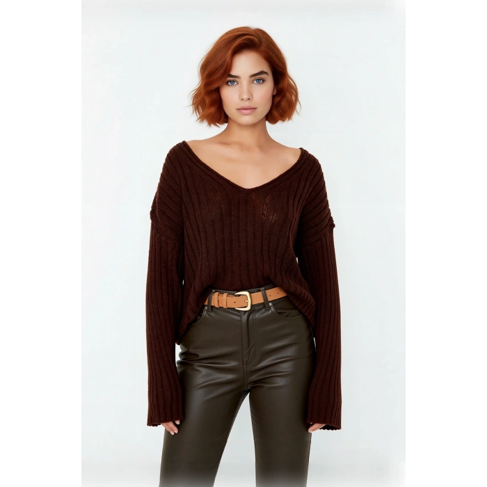 Kadın V Yaka Geniş Kalıp Yünlü Triko Kazak Uzun Kollu Fitilli Düz Basic Günlük Kombinlerin