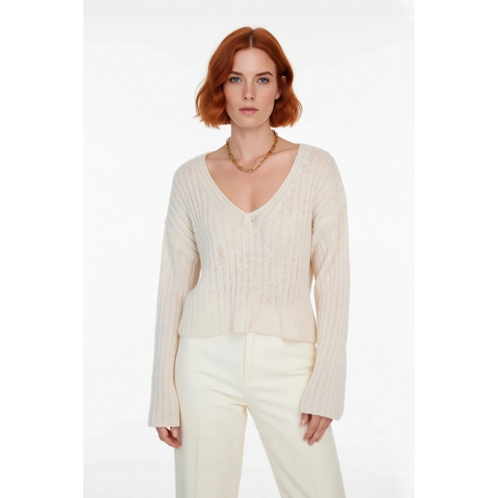 Kadın V Yaka Geniş Kalıp Yünlü Triko Kazak Uzun Kollu Fitilli Düz Basic Günlük Kombinlerin