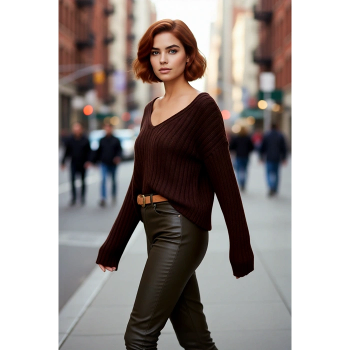 Kadın V Yaka Geniş Kalıp Yünlü Triko Kazak Uzun Kollu Fitilli Düz Basic Günlük Kombinlerin