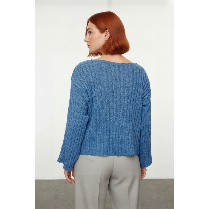 Kadın V Yaka Geniş Kalıp Yünlü Triko Kazak Uzun Kollu Fitilli Düz Basic Günlük Kombinlerin