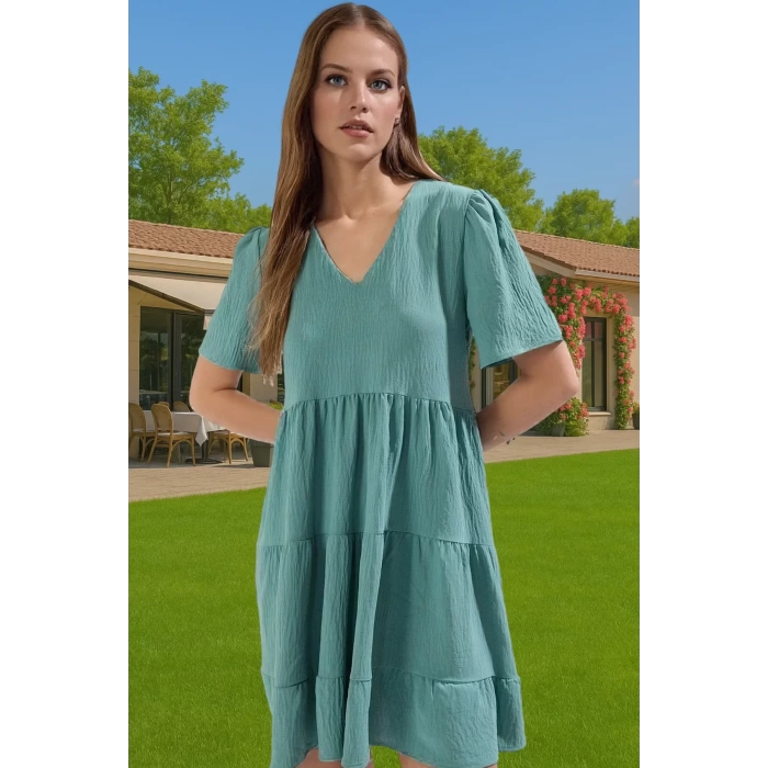 Kadın V Yaka Kısa Kollu Mini Elbise Polyester Dokuma Günlük Mükemmel Uyum Şık Görünüm Özel Tasarım