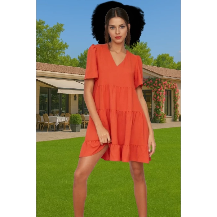 Kadın V Yaka Kısa Kollu Mini Elbise Polyester Dokuma Günlük Mükemmel Uyum Şık Görünüm Özel Tasarım
