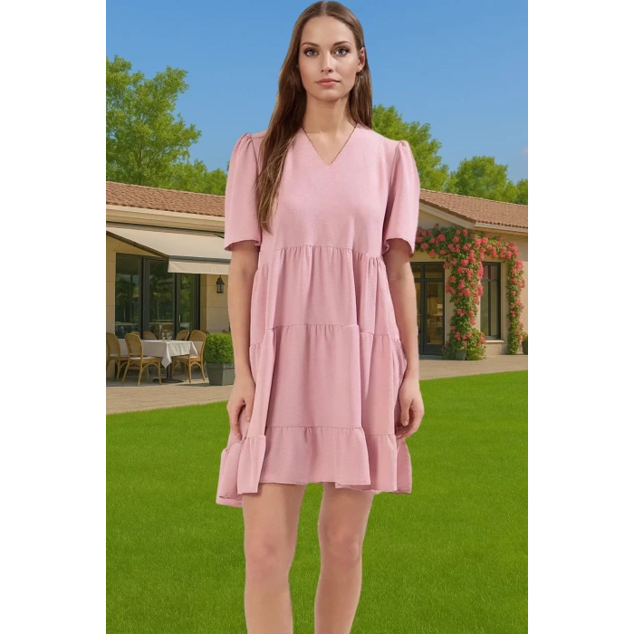 Kadın V Yaka Kısa Kollu Mini Elbise Polyester Dokuma Günlük Mükemmel Uyum Şık Görünüm Özel Tasarım