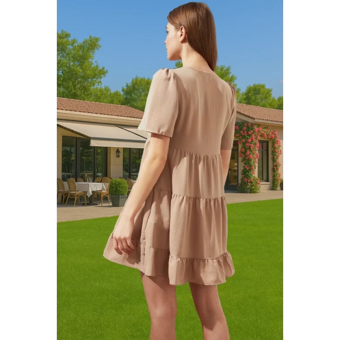 Kadın V Yaka Kısa Kollu Mini Elbise Polyester Dokuma Günlük Mükemmel Uyum Şık Görünüm Özel Tasarım