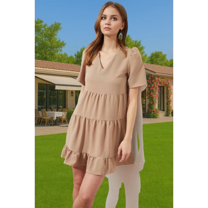 Kadın V Yaka Kısa Kollu Mini Elbise Polyester Dokuma Günlük Mükemmel Uyum Şık Görünüm Özel Tasarım