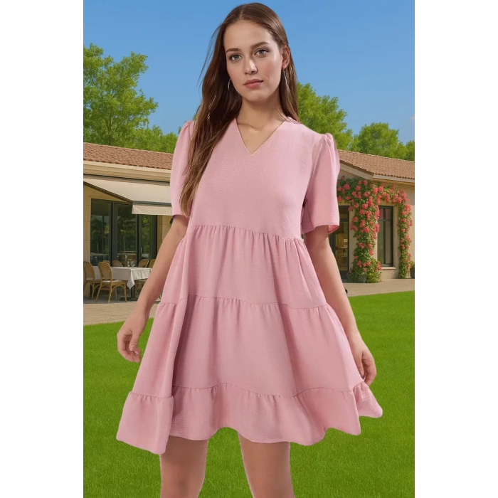 Kadın V Yaka Kısa Kollu Mini Elbise Polyester Dokuma Günlük Mükemmel Uyum Şık Görünüm Özel Tasarım
