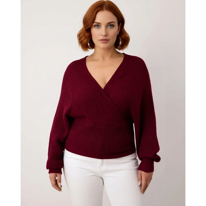 Kadın V Yaka Kruvaze Arkadan Bağlamalı Triko Kazak Akrilik Regular Fit Günlük Şık Soğuk Hava