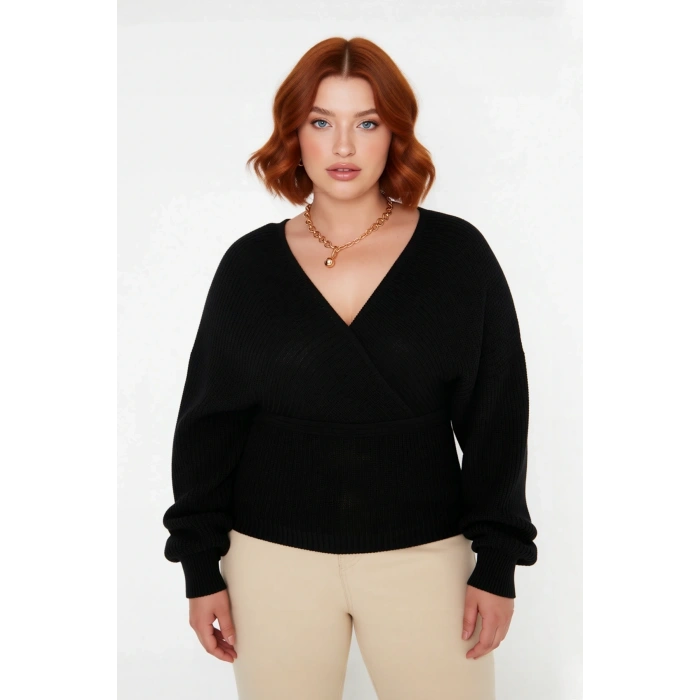 Kadın V Yaka Kruvaze Arkadan Bağlamalı Triko Kazak Akrilik Regular Fit Günlük Şık Soğuk Hava