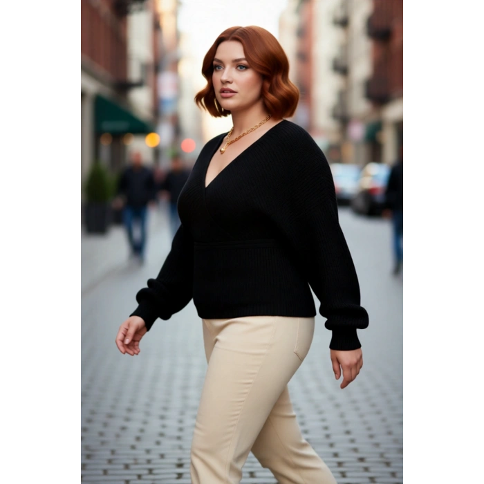 Kadın V Yaka Kruvaze Arkadan Bağlamalı Triko Kazak Akrilik Regular Fit Günlük Şık Soğuk Hava