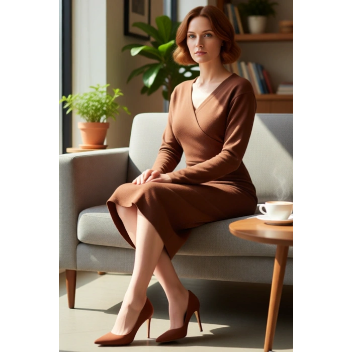 Kadın V Yaka Kruvaze Örme Midi Elbise Bodycon Kesim Düz Desen Uzun Kollu Kış Şıklığı Kaliteli