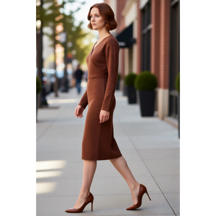 Kadın V Yaka Kruvaze Örme Midi Elbise Bodycon Kesim Düz Desen Uzun Kollu Kış Şıklığı Kaliteli