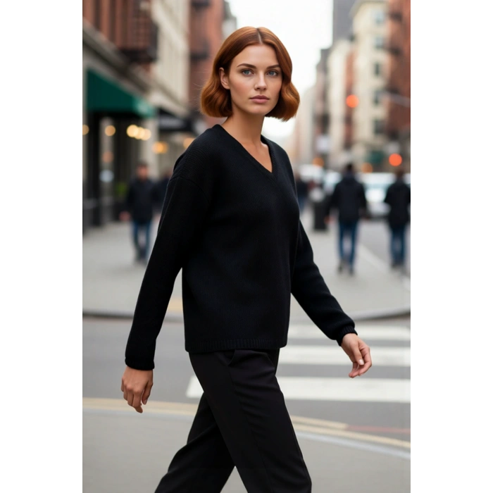 Kadın V Yaka Regular Kalıp Düşük Kol Triko Kazak Kış Günlerinin Şık ve Rahat Seçimi Kaliteli