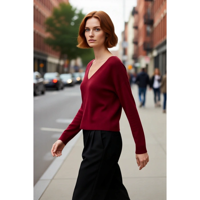 Kadın V Yaka Regular Kalıp Korse Dikiş Detaylı Düz Triko Kazak Kış ve Sonbahar Şıklığı İçin