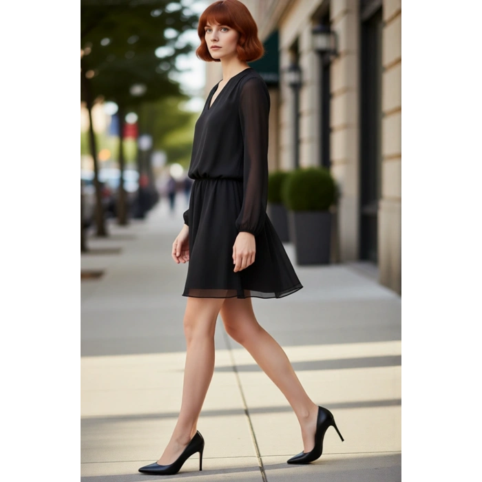 Kadın V Yaka Siyah Şifon Uzun Balon Kollu Skater Mini Elbise Feminen Tarz Yazlık Şıklık Kaliteli