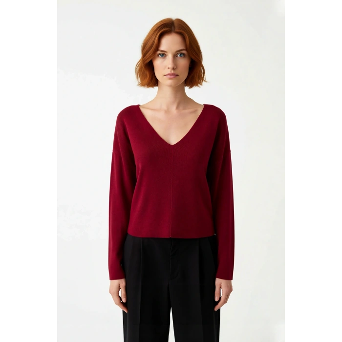 Kadın V Yaka Triko Kazak Düz Desen Regular Kalıp Korse Dikiş Detayı Uzun Kol Gündüz Gece Kaliteli