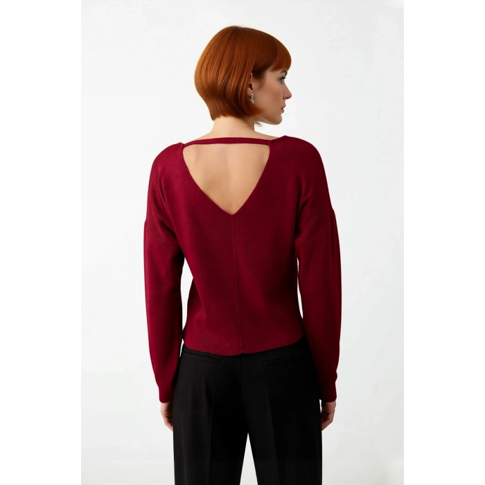 Kadın V Yaka Triko Kazak Düz Desen Regular Kalıp Korse Dikiş Detayı Uzun Kol Gündüz Gece Kaliteli