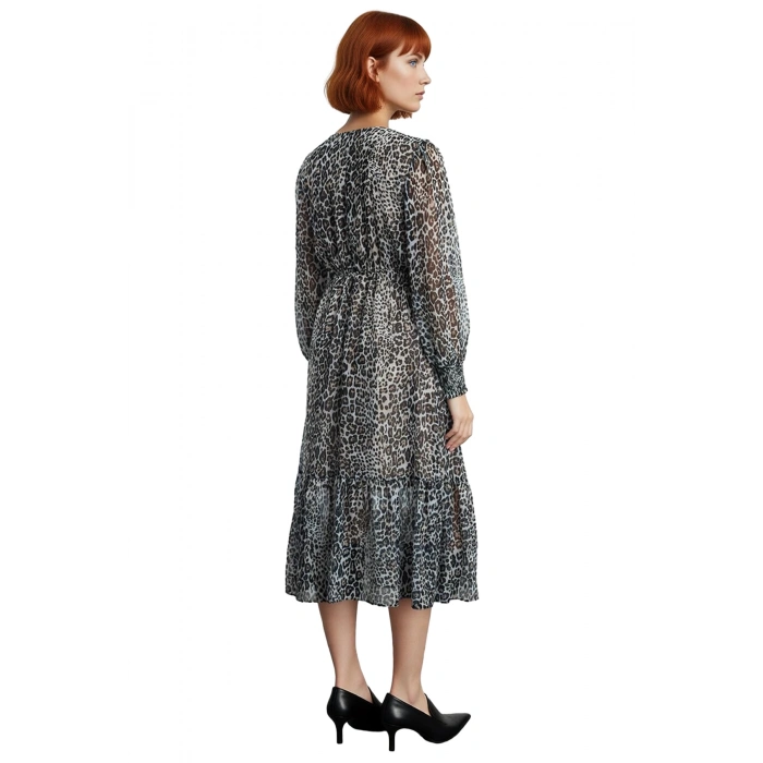 Kadın V Yaka Uzun Kol Soyut Desenli Midi Şifon Elbise Feminine Skater Kalıp Kış Sezonu Şıklığı