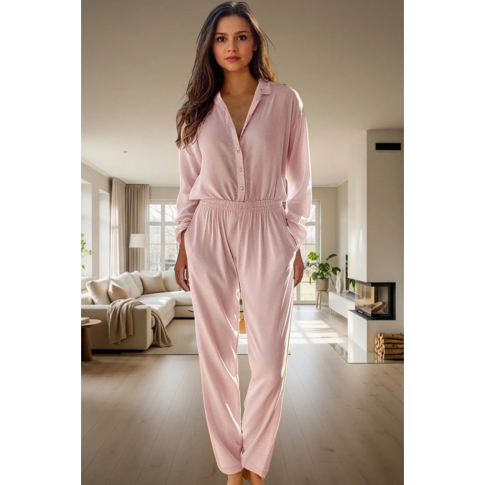 Kadın Viskon Dokuma Pijama Takımı Kurdele Fiyonk Detaylı Rahat Kalıp Şık Görünüm Modern Stil