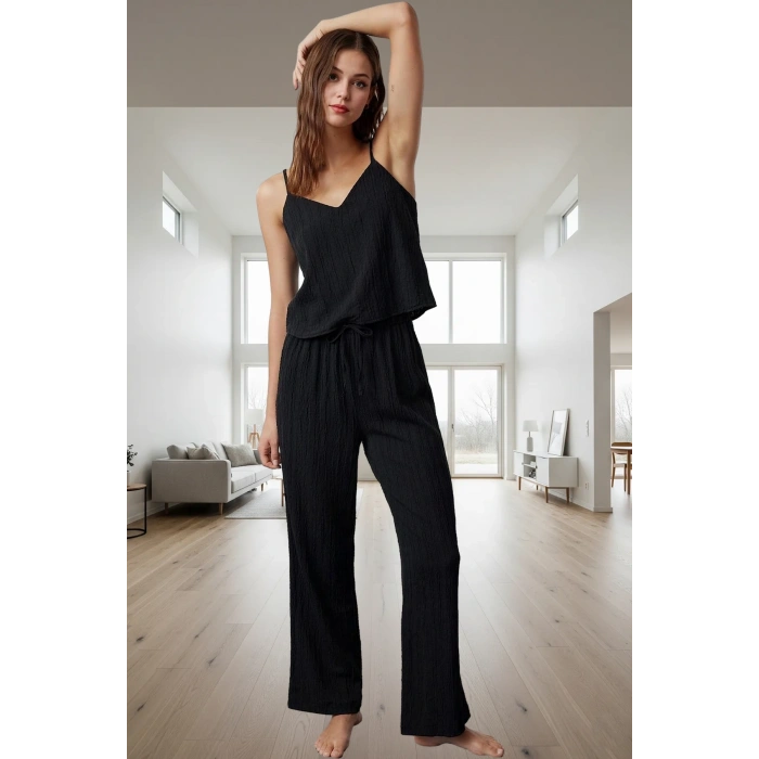 Kadın Viskon Karışımlı İnce Askılı Fırfırlı Pijama Takımı Rahat Kullanım Mükemmel Uyum Özel Tasarım