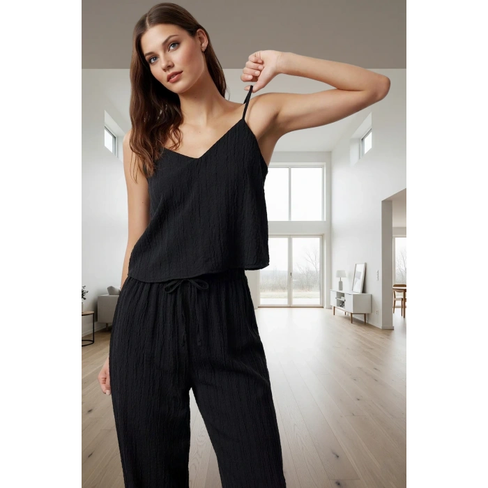 Kadın Viskon Karışımlı İnce Askılı Fırfırlı Pijama Takımı Rahat Kullanım Mükemmel Uyum Özel Tasarım
