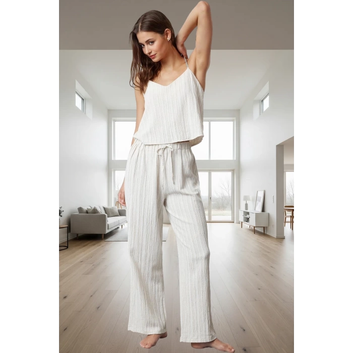 Kadın Viskon Karışımlı İnce Askılı Fırfırlı Pijama Takımı Rahat Kullanım Mükemmel Uyum Özel Tasarım