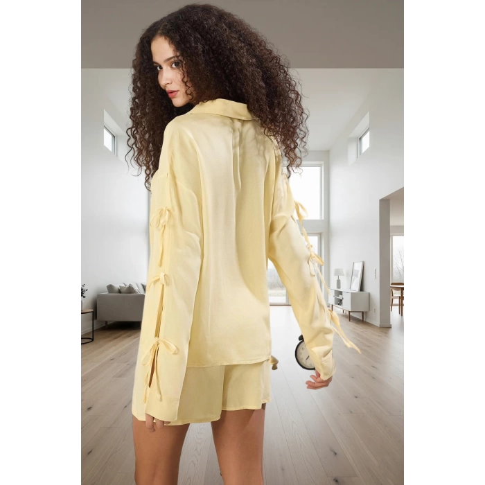 Kadın Viskon Pijama Takımı Bağlamalı Şortlu Rahat Homewear Uzun Ömürlü Zarif Tasarım